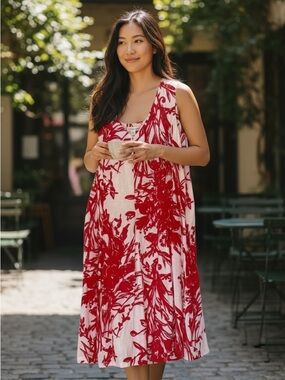 Coldwater Creek Red Floral V-Neck Midi Dress